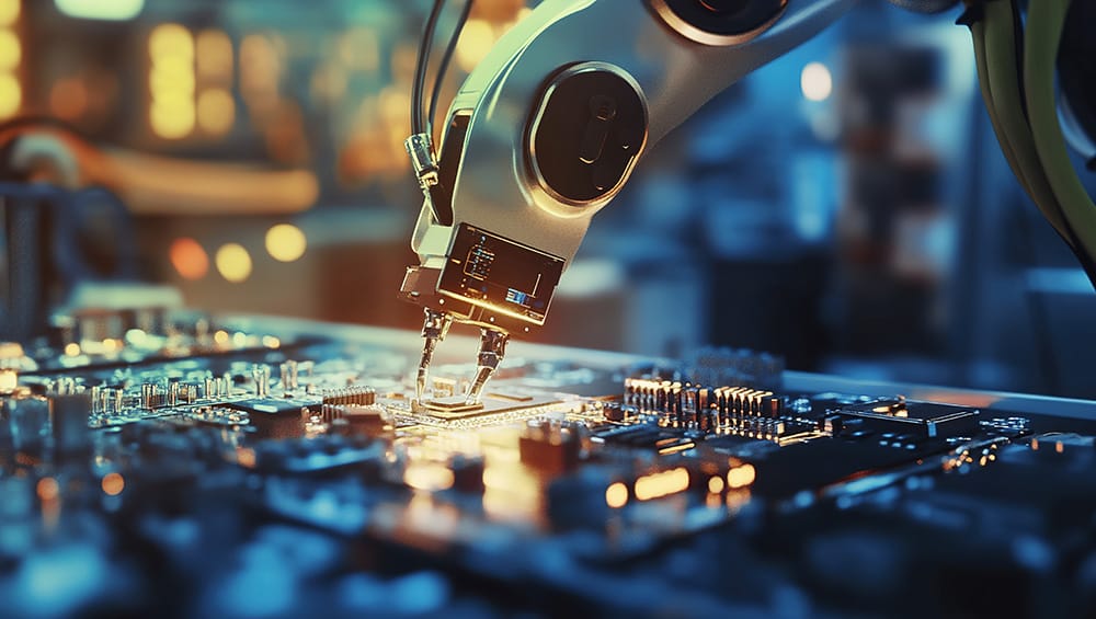 Roboterarm setzt Element auf Platine.